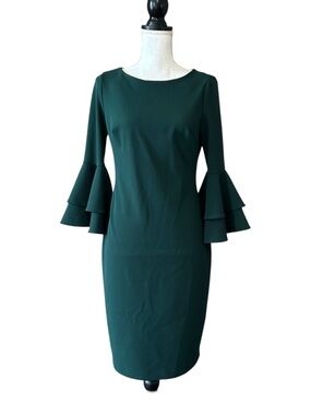 calvin klein bell sleeve dress green Calvin Klein Chiffon-bell-sleeve Sheath Dress in Green